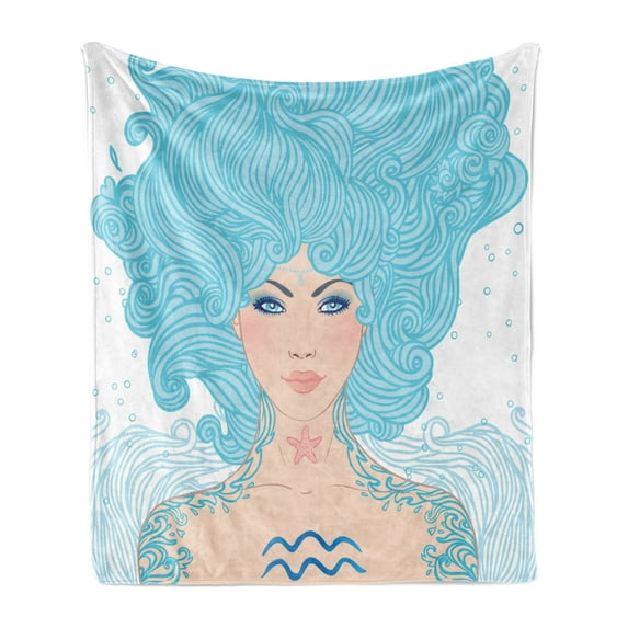 Zodiac Aquarius Soft Flannel Fleece Throw Blanket, Woman with Effects Tattoo Body Signs, Cozy Plush for Indoor and Outdoor Use, 70" x 90", Pale Peach Aqua Coral, by Ambesonne