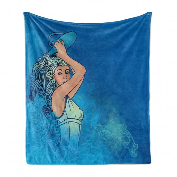 Zodiac Aquarius Soft Flannel Fleece Throw Blanket, Woman Lady Features Stars Beauty Fortune Pattern Design, Cozy Plush for Indoor and Outdoor Use, 60" x 80", Cobalt Blue Turquoise, by Ambesonne