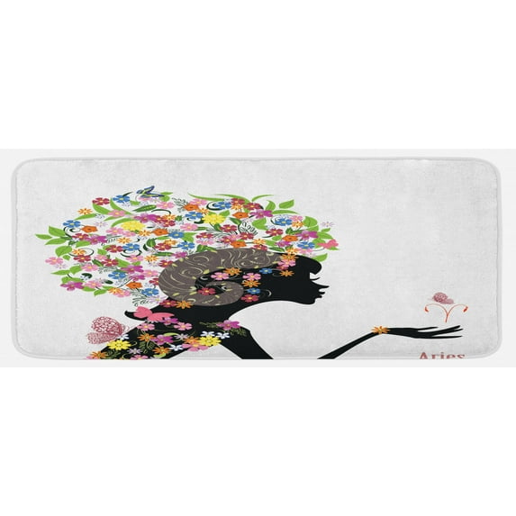 Zodiac Aries Kitchen Mat, Fashion Girl Aries Woman with Horns Floral Dress Lively Blossoms Butterflies, Plush Decorative Kitchen Mat with Non Slip Backing, 47" X 19", Multicolor, by Ambesonne