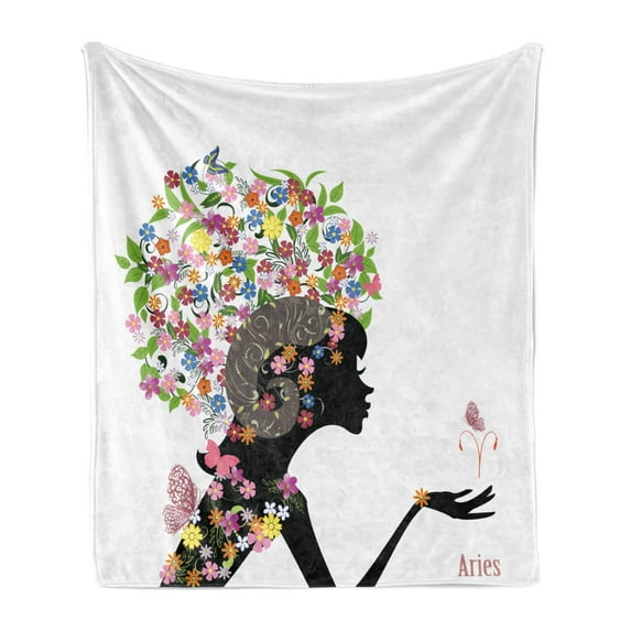 Zodiac Aries Soft Flannel Fleece Blanket, Fashion Girl Aries Woman with Horns Floral Dress Lively Blossoms Butterflies, Cozy Plush for Indoor and Outdoor Use, 50" x 60", Multicolor, by Ambesonne