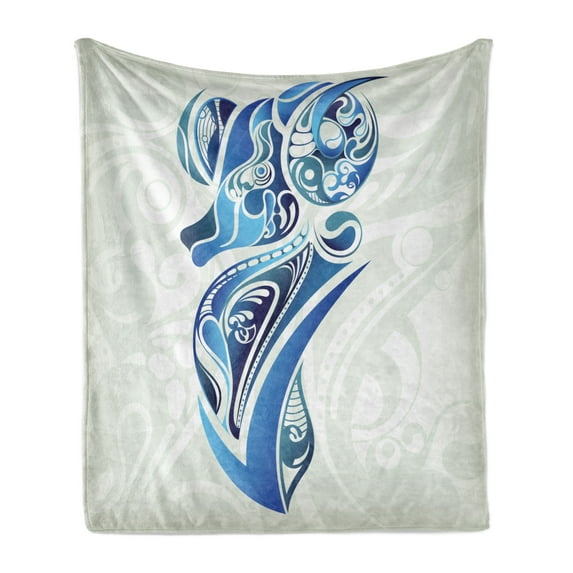 Zodiac Aries Soft Flannel Fleece Throw Blanket, Animal with Floral Swirls in Blue Shades, Cozy Plush for Indoor and Outdoor Use, 50" x 60", Pale Sage Green Indigo, by Ambesonne