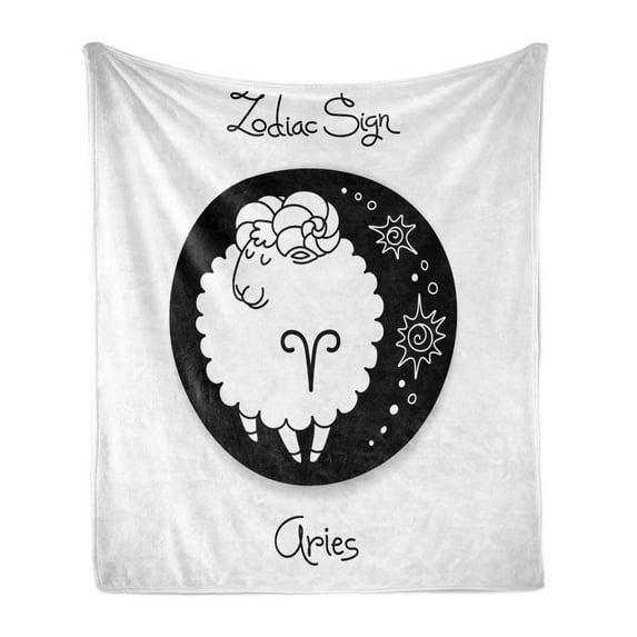 Zodiac Aries Soft Flannel Fleece Throw Blanket, Big Black Dot with Fluffy Ram and Tribal Motifs Funny Design, Cozy Plush for Indoor and Outdoor Use, 50" x 60", Black and White, by Ambesonne