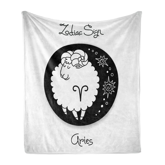 Zodiac Aries Soft Flannel Fleece Throw Blanket, Big Black Dot with Fluffy Ram and Tribal Motifs Funny Design, Cozy Plush for Indoor and Outdoor Use, 60" x 80", Black and White, by Ambesonne