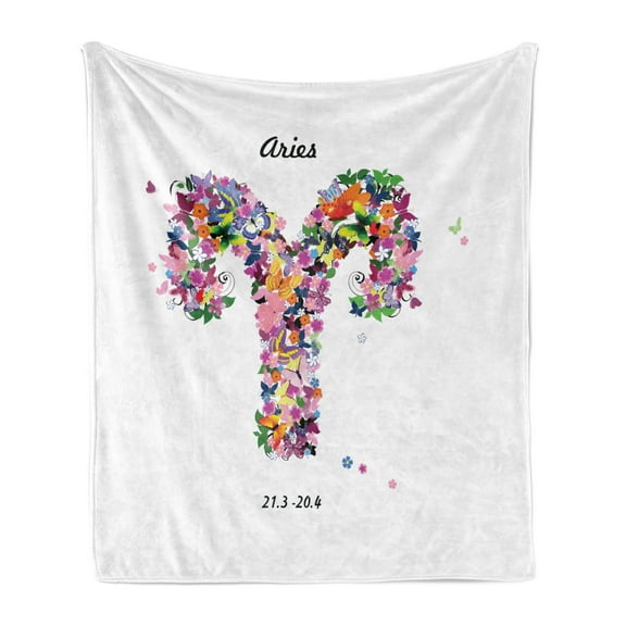 Zodiac Aries Soft Flannel Fleece Throw Blanket, Lively Butterflies and Blooming Flowers as an Astrology Spring Inspired, Cozy Plush for Indoor and Outdoor Use, 50" x 60", Multicolor, by Ambesonne