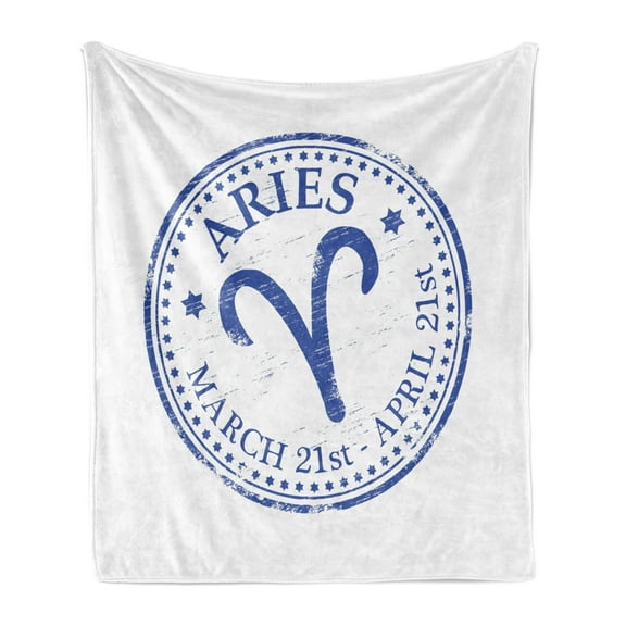 Zodiac Aries Soft Flannel Fleece Throw Blanket, Vintage Rubber Stamp Design with Horoscope Sign Stars and Dates, Cozy Plush for Indoor and Outdoor Use, 60" x 80", Royal Blue and White, by Ambesonne