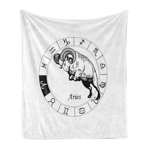 Zodiac Aries Soft Flannel Fleece Throw Blanket, Zodiac Wheel with 12 Signs and Jumping Animal Esoteric Print, Cozy Plush for Indoor and Outdoor Use, 70" x 90", White and Black, by Ambesonne