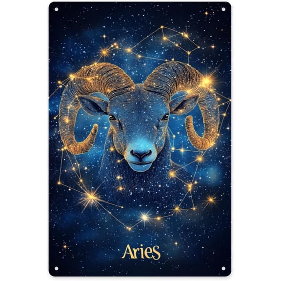 Zodiac Aries Starry Sky Metal Tin Sign Wall Art Plaque With Glowing Ram Horns for Home Office Game Room Decor 8x12 Inch