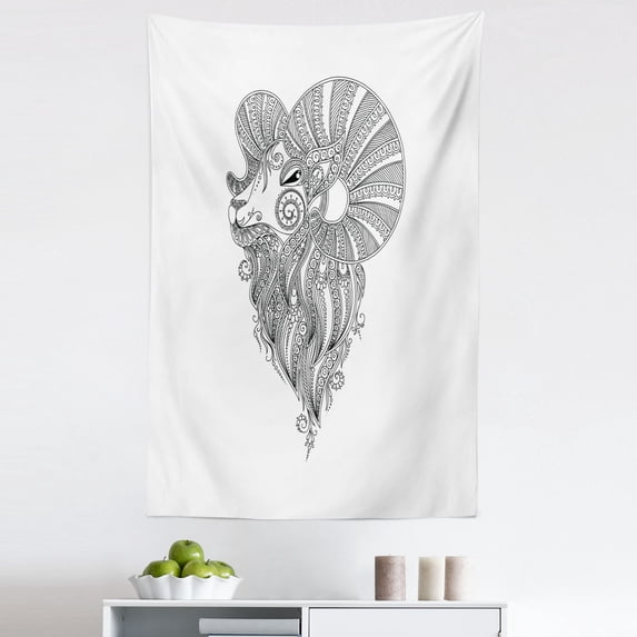 Zodiac Aries Tapestry, Zentangle Ram's Head in Tattoo Style Doodle with Curly Art, Fabric Wall Hanging Decor for Bedroom Living Room Dorm, 5 Sizes, White and Black, by Ambesonne