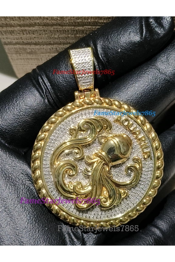 Zodiac Astrology Birth Sign 'Aquarius' Water Horoscope Moissanite Pendant 14K Yellow Gold Plated, Gift for Unisex