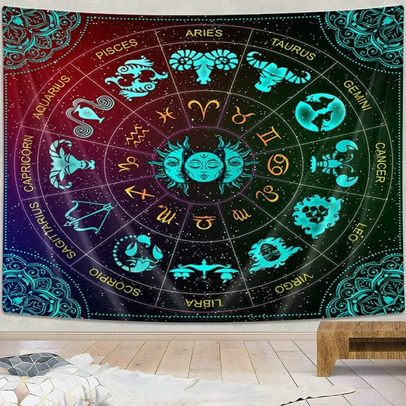 Zodiac Astrology Tapestry, Black and White Sun and Moon Constellation Tapestry Wall Hanging, Trippy Mandala Boho Witchy Tapestry for Bedroom Aesthetic, Cute Tapestry for Living Room Dorm, 60X40in