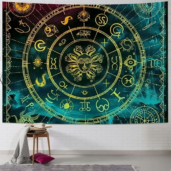 Zodiac Astrology Tapestry, Sun and Moon Constellation Tapestry Wall Hanging, Trippy Mandala Boho Witchy Tapestry for Bedroom Aesthetic, Cute Tapestry for Living Room Dorm,