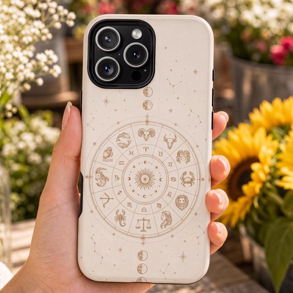 Zodiac Astrology Wheel Celestial Moon Phases Tough Phone Case, Dual-Layer Protective Cover for iPhone
