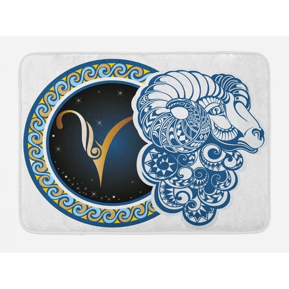 Zodiac Bath Mat, Astrological Aries Symbol with Horned Head Ram Goat Animal Terrestrial Event Image, Non-Slip Plush Mat Bathroom Kitchen Laundry Room Decor, 29.5 X 17.5 Inches, Blue Gold, Ambesonne