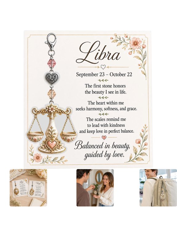 Zodiac Birthstone Charm Keychain With Inspirational Keepsake Card Acrylic Pendant Ornament 12 Zodiac Birthstone Keychain Birthday Gift For Astrology Collectors Bag Charm,Libra