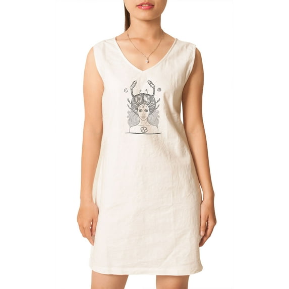 Zodiac Cancer Hand Drawn Printed Vintage V-neck Linen Mini Shift Dress WDS_02 0