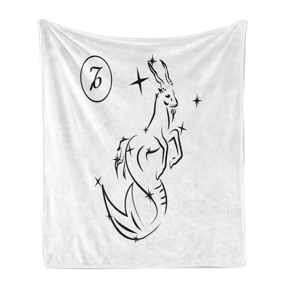 Zodiac Capricorn Soft Flannel Fleece Blanket, Monochrome Sketch Style Capricorn Line Art Design with Star Pattern, Cozy Plush for Indoor and Outdoor Use, 50" x 70", Black and White, by Ambesonne