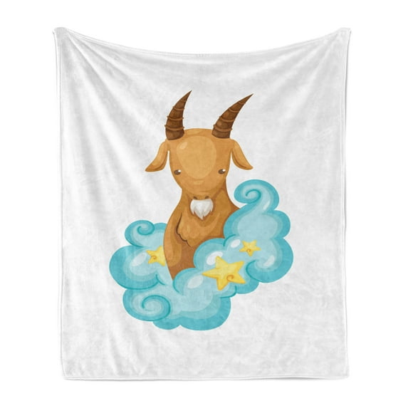 Zodiac Capricorn Soft Flannel Fleece Throw Blanket, Astrology Themed Cartoon Goat with Horns in the Clouds, Cozy Plush for Indoor and Outdoor Use, 70" x 90", Pale Brown Pale Blue, by Ambesonne