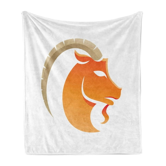 Zodiac Capricorn Soft Flannel Fleece Throw Blanket, Silhouette of Goat with Horns Abstract Animal Illustration, Cozy Plush for Indoor and Outdoor Use, 60" x 80", Orange Beige and White, by Ambesonne