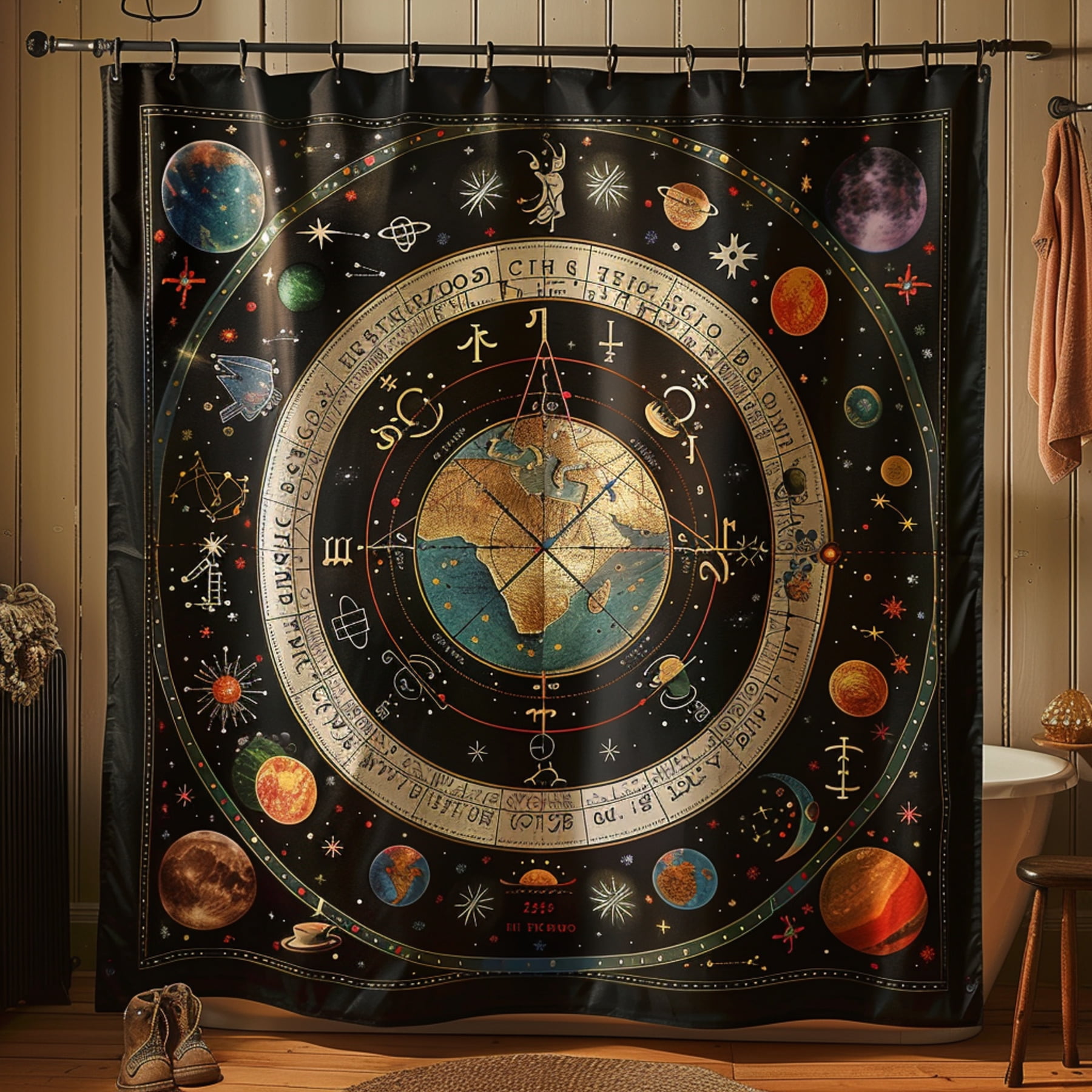 Zodiac Chart Celestial Shower Curtain Black Cosmic Design with