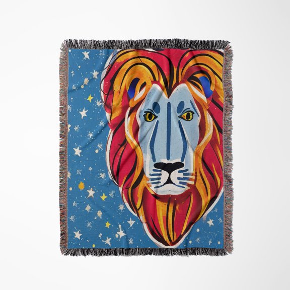 Zodiac Constellation Leo Or Lion In Orange, Blue. Funny Charm Ai Made, Woven Blanket