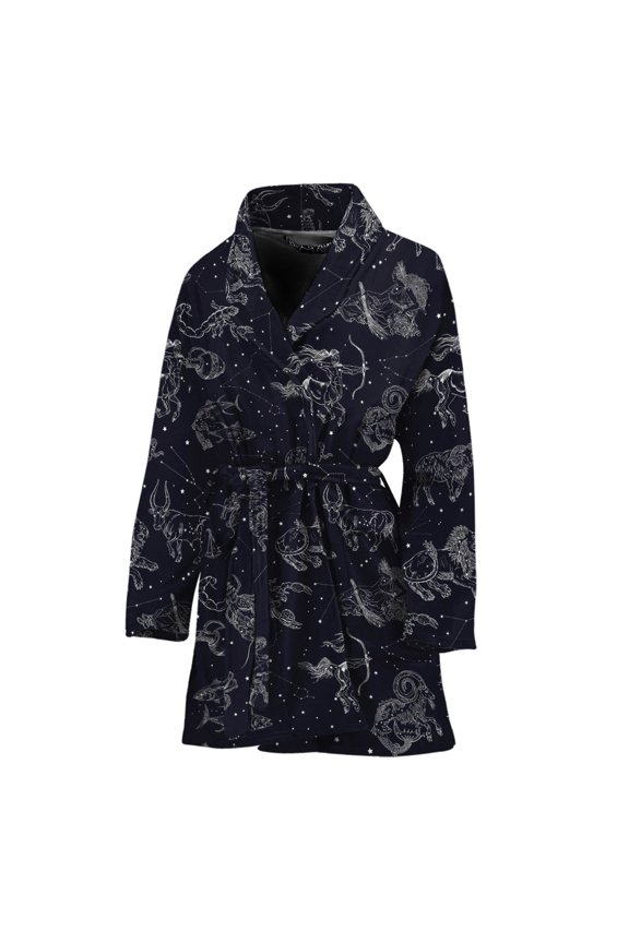 Zodiac Constellation Pattern Women Bathrobe One Size Univeral Fits, Zodiac Horoscope Fashion Lightweight Plush Fleece Long Robe For Women