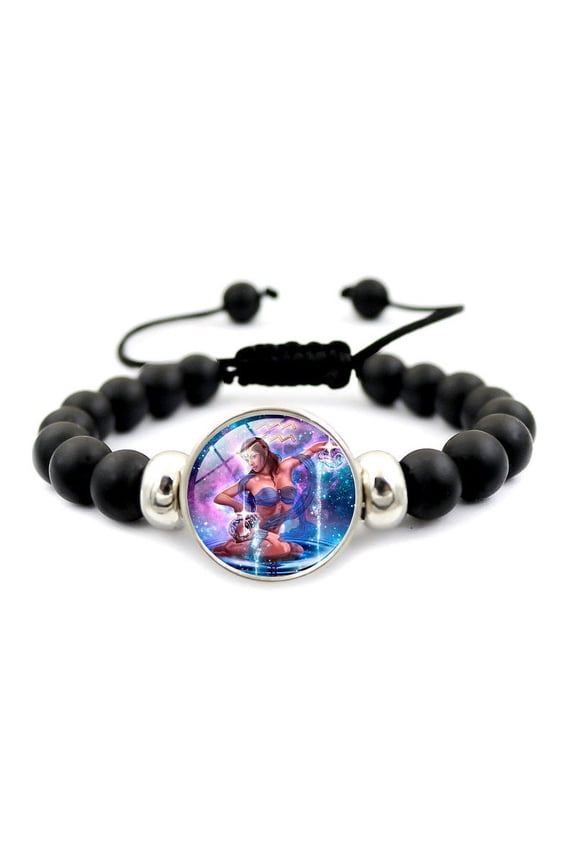 Zodiac Constellation Time Gem Bracelet | Unisex Fashion Black Beaded Bracelet | Adjustable 18+7 cm with 1.8cm Glass Beads | Gift for Travel