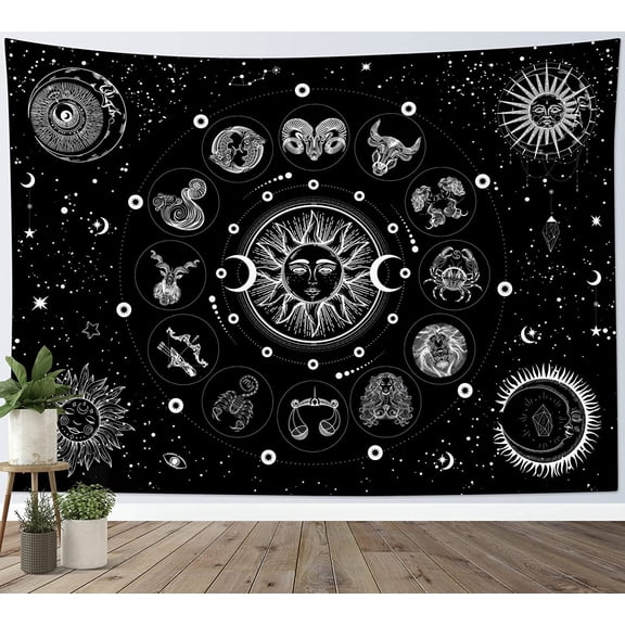 Zodiac Constellation Wall Tapestry Black and White Astrology Sun and Moon Design 60 x 40 Inch for Bedroom Living Room Dorm Decor