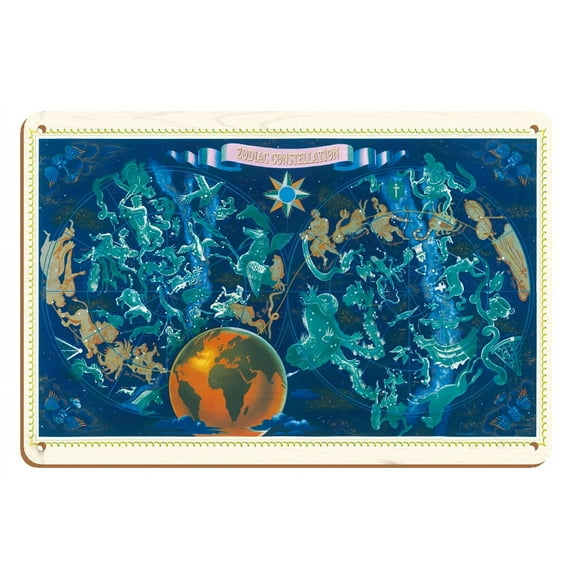 Zodiac Constellations - Star Planisphere - Vintage Illustrated Map by Lucien Boucher c.1951 - 8 x 12 inch Vintage Wood Art Sign