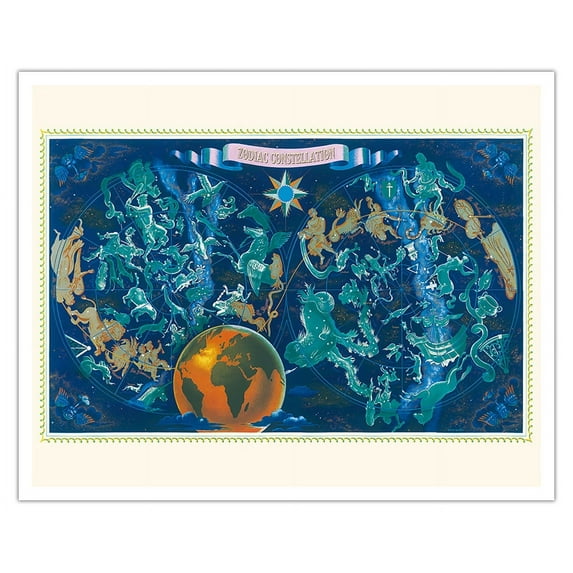 Zodiac Constellations - Star Planisphere - Vintage Illustrated Map by Lucien Boucher c.1951 - Fine Art Matte Paper Print (Unframed) 16x20in
