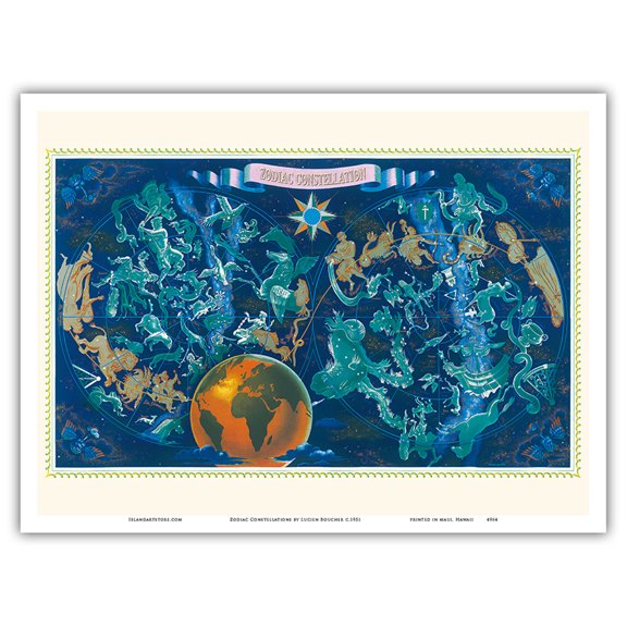 Zodiac Constellations - Star Planisphere - Vintage Illustrated Map by Lucien Boucher c.1951 - Master Art Print (Unframed) 9in x 12in