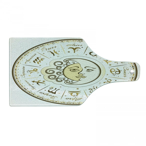 Zodiac Cutting Board, Circular Zodiac Chart Apparent Position of Sun and Moon in Centre Pattern Print, Tempered Glass Cutting and Serving Board, Wine Bottle Shape, Yellow Beige, by Ambesonne