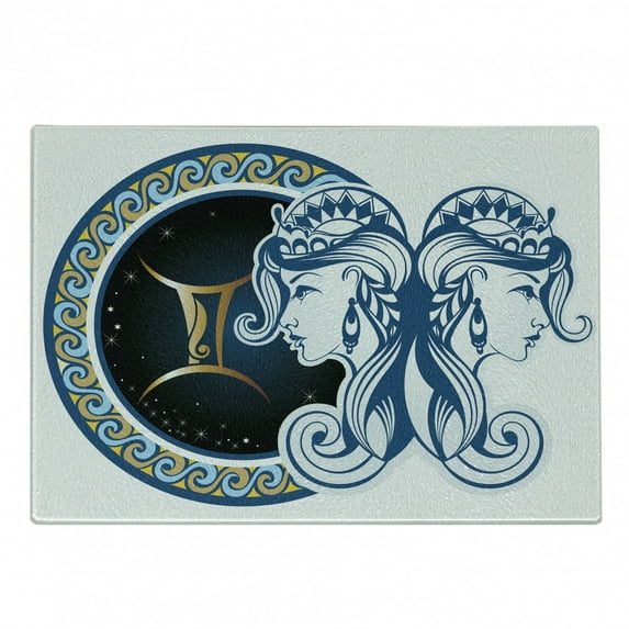 Zodiac Cutting Board, Gemini Motif Women Future Celestial Information Cosmos Theme Constellation, Decorative Tempered Glass Cutting and Serving Board, Small Size, Multicolor, by Ambesonne