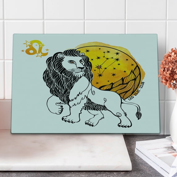 Zodiac Cutting Board, Royal Leader of Zodiac Sign Leo with Giant Sun and Stars Birth Fortune Image, Decorative Tempered Glass Cutting and Serving Board, Large Size, Multicolor, by Ambesonne
