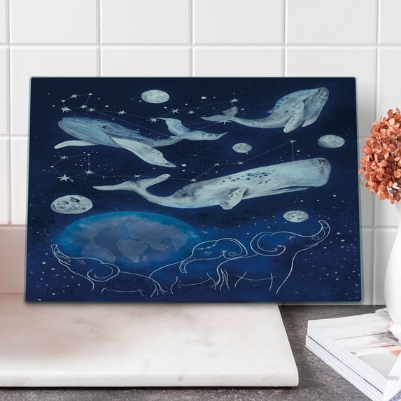 Zodiac Cutting Board, Space Image with Whales of Universe Theme Planetary Angles Print, Decorative Tempered Glass Cutting and Serving Board, Large Size, Blue Grey, by Ambesonne