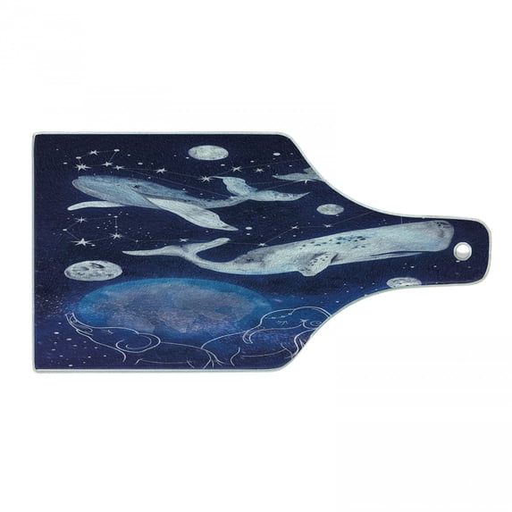 Zodiac Cutting Board, Space Image with Whales of Universe Theme Planetary Angles Print, Decorative Tempered Glass Cutting and Serving Board, Wine Bottle Shape, Blue Grey, by Ambesonne