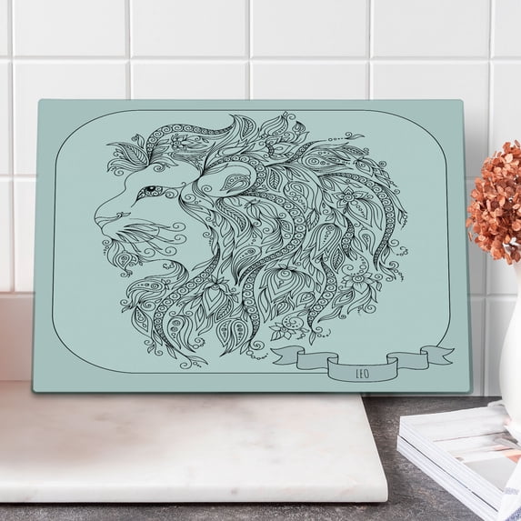 Zodiac Cutting Board, Visage of Zodiac Sign Leo with Flowers on Hair the King of Forest Horoscope Theme, Decorative Tempered Glass Cutting and Serving Board, Large Size, Black White, by Ambesonne