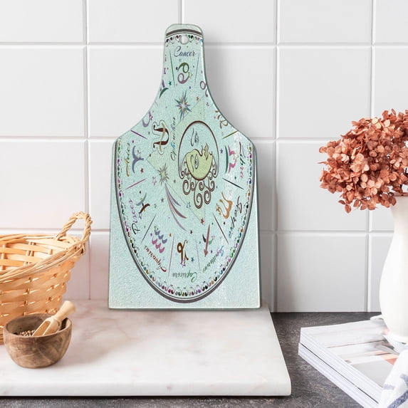 Zodiac Cutting Board, Western Chart with All Signs Aries Virgo Leo Taurus Libra Mystique Fate Calendar, Tempered Glass Cutting and Serving Board, Wine Bottle Shape, Multicolor, by Ambesonne