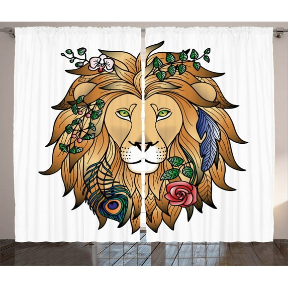 Ambesonne Animal Print Curtains 2 Panel Set, Lion with Flower, 108" x 90", Brown