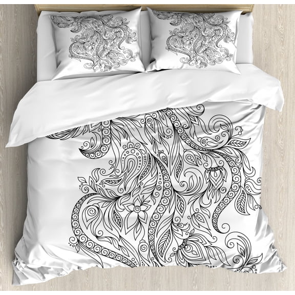 Zodiac Decor King Size Duvet Cover Set, Swirling Curved Flowers and Bouquet with Zodiac Sign Aquarius Month Design, Decorative 3 Piece Bedding Set with 2 Pillow Shams, Black White, by Ambesonne