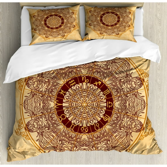 Zodiac Decor King Size Duvet Cover Set, Vintage Ornamental Mandala Circle with Horoscope Signs on Aged Paper Background, Decorative 3 Piece Bedding Set with 2 Pillow Shams, Tan Brown, by Ambesonne