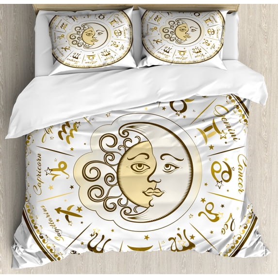 Zodiac Decor Queen Size Duvet Cover Set, Circular Zodiac Chart Apparent Position of Sun and Moon in Centre Pattern, Decorative 3 Piece Bedding Set with 2 Pillow Shams, Yellow Beige, by Ambesonne