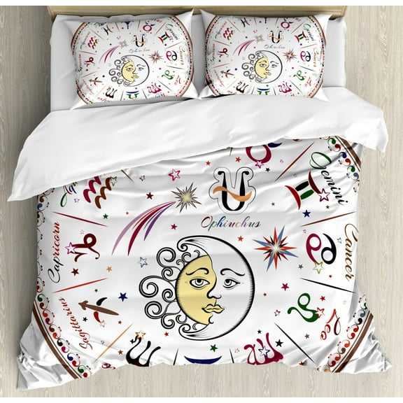 Zodiac Decor Queen Size Duvet Cover Set, Division of Colorful Astrology Icons Map with Most Familiar Planets Sun and Moon, Decorative 3 Piece Bedding Set with 2 Pillow Shams, Multi, by Ambesonne