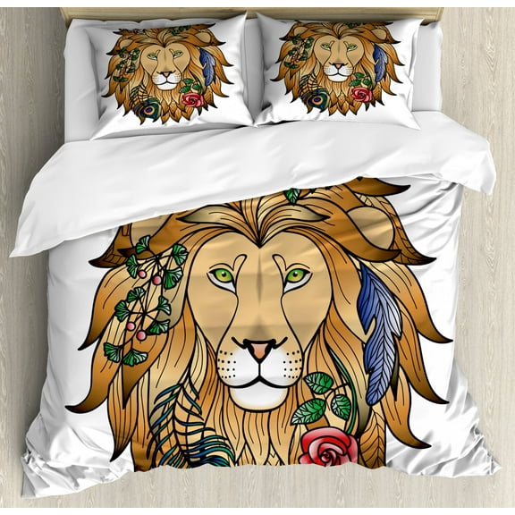 Zodiac Decor Queen Size Duvet Cover Set, Horoscope Figure Portrait Head of Lion with Flowers on the Fur King and Power Sign, Decorative 3 Piece Bedding Set with 2 Pillow Shams, Brown, by Ambesonne