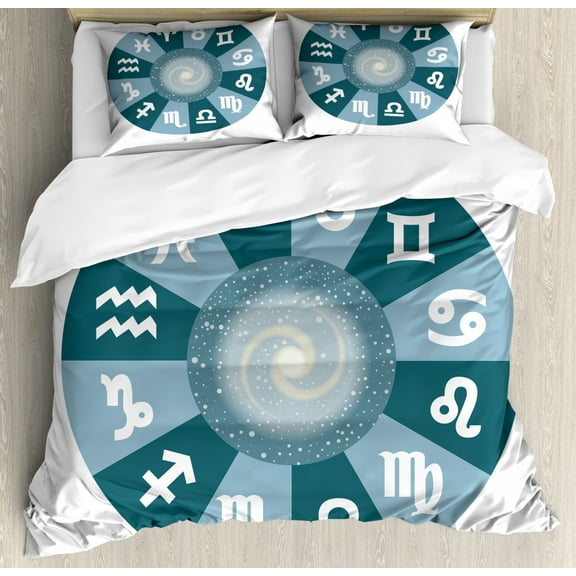 Zodiac Decor Queen Size Duvet Cover Set, Illustration with Signs Set and Outer Space Universe Star Galaxy Cosmos Design, Decorative 3 Piece Bedding Set with 2 Pillow Shams, Green, by Ambesonne