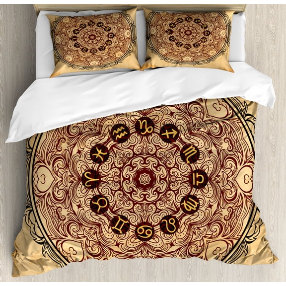 Zodiac Decor Queen Size Duvet Cover Set, Micro Cosmos Universe Icon Eastern Lace Mandala Form with Signs on Grunge Back, Decorative 3 Piece Bedding Set with 2 Pillow Shams, Brown Tan, by Ambesonne