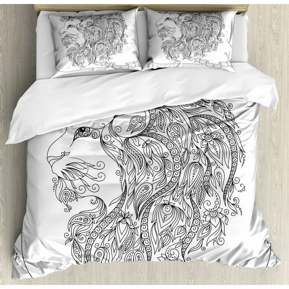 Zodiac Decor Queen Size Duvet Cover Set, Visage of Zodiac Leo with Flowers on Hair King of Forest Horoscope Theme, Decorative 3 Piece Bedding Set with 2 Pillow Shams, Black White, by Ambesonne