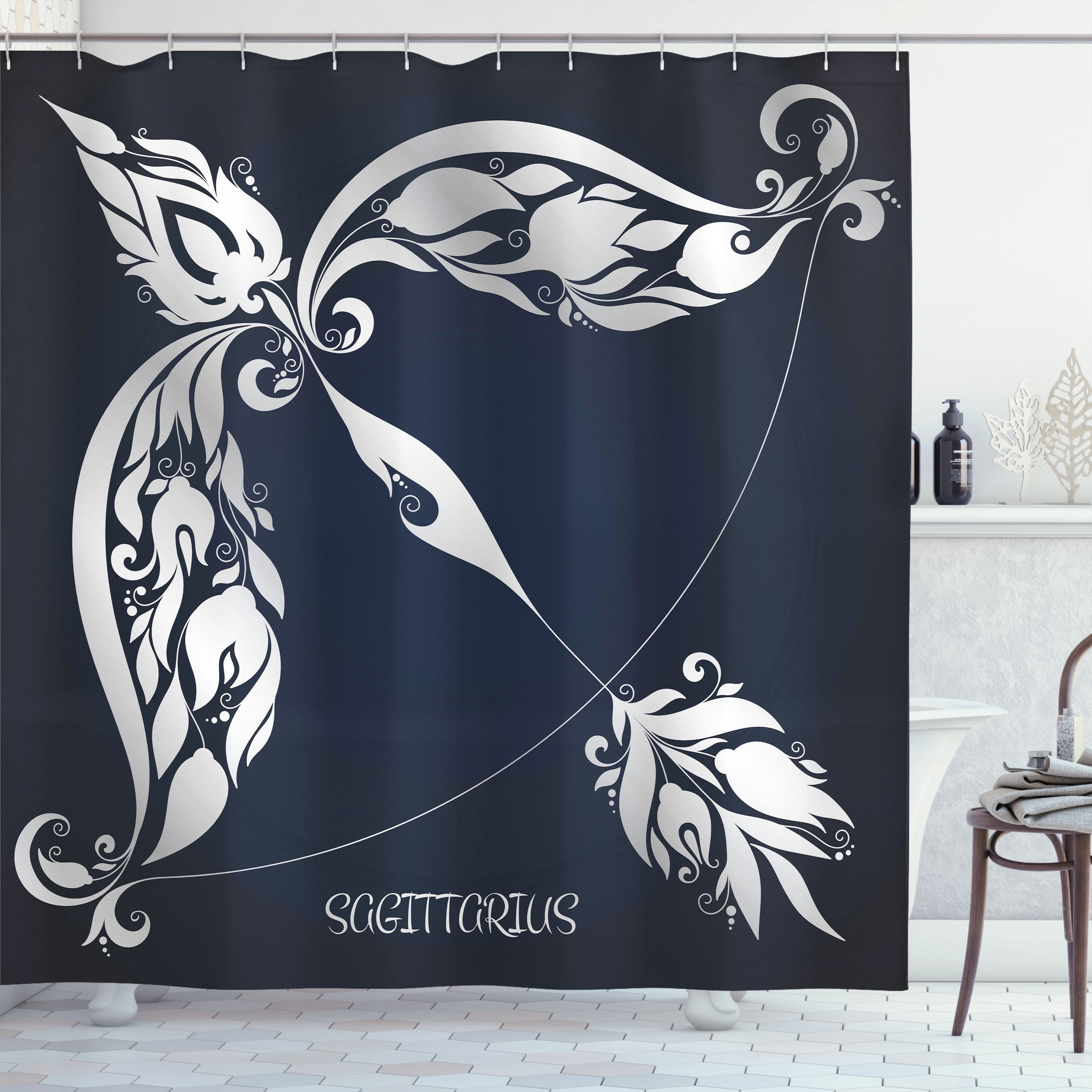 Zodiac Decor Shower Curtain, Astrology Sign Sagittarius with Flower