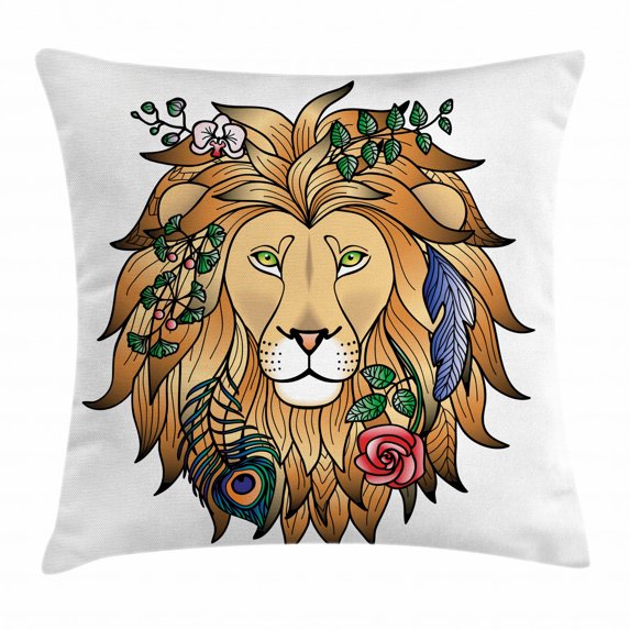 Zodiac Decor Throw Pillow Cushion Cover, Horoscope Figure Portrait Head of Lion with Flowers on the Fur King and Power Sign, Decorative Square Accent Pillow Case, 16 X 16 Inches, Brown, by Ambesonne
