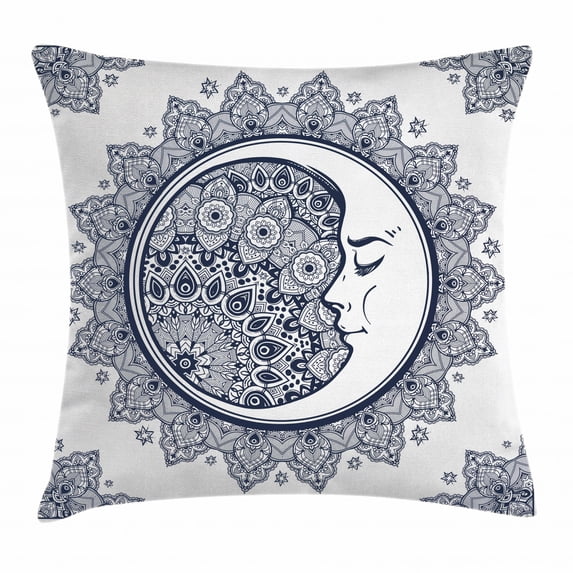 Zodiac Decor Throw Pillow Cushion Cover, Intricate Boho Ethnic Mandala form Crescent Moon on Foreground Alchemy Symbol, Decorative Square Accent Pillow Case, 20 X 20 Inches, Grey White, by Ambesonne