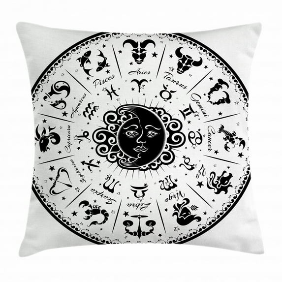 Zodiac Decor Throw Pillow Cushion Cover, Minimalist Rounded Symbols Mystical Outer Space Effects on Character Image, Decorative Square Accent Pillow Case, 18 X 18 Inches, Black White, by Ambesonne